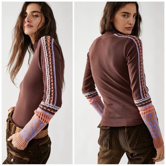 Free People Tops - Free People Switch it up thermal, mock neck, brown, knit sleeve detail, sz S
